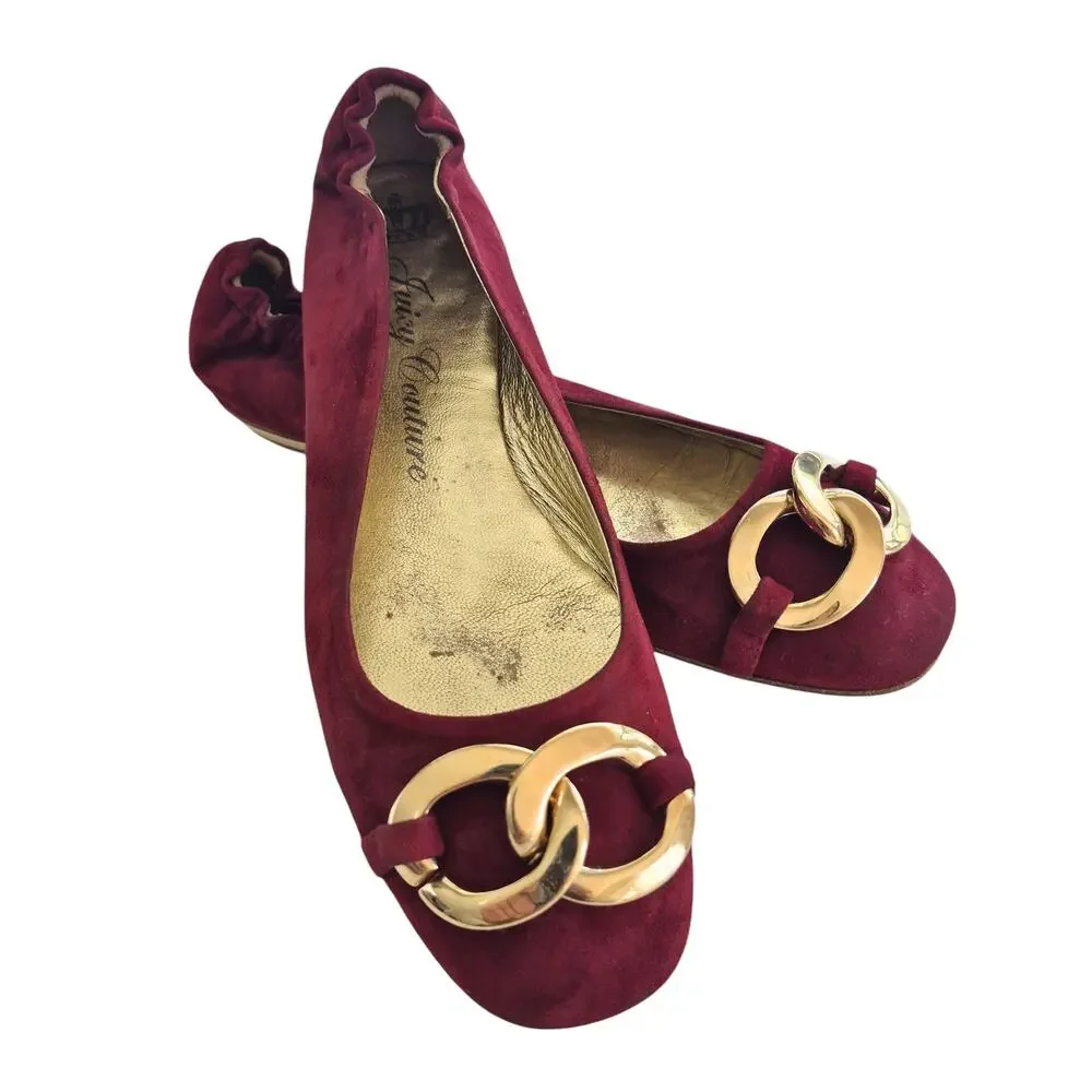 Juicy Couture Ballet Flats Sz 9 Red Suede Made in Italy Square Toe Shoes Classic